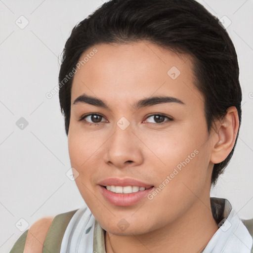 Joyful white young-adult female with short  brown hair and brown eyes