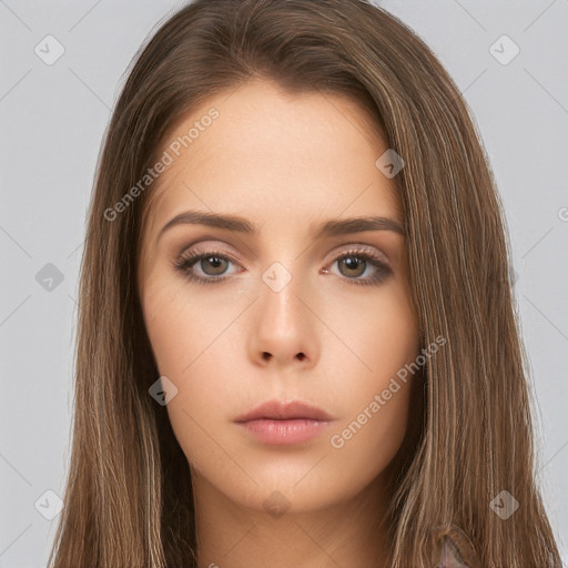 Neutral white young-adult female with long  brown hair and brown eyes