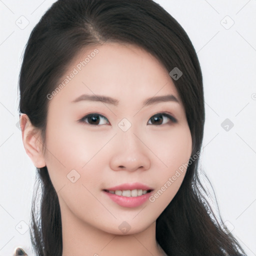 Joyful asian young-adult female with long  brown hair and brown eyes