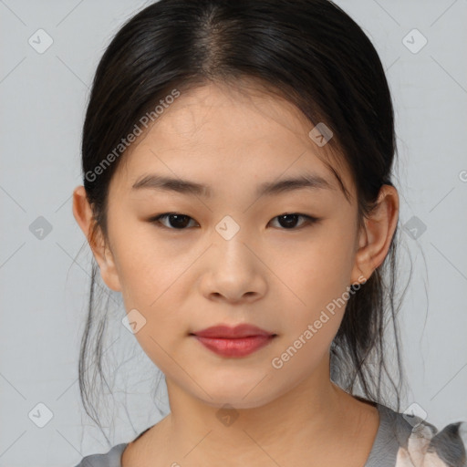 Neutral asian young-adult female with medium  brown hair and brown eyes