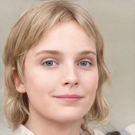 Neutral white child female with medium  brown hair and grey eyes