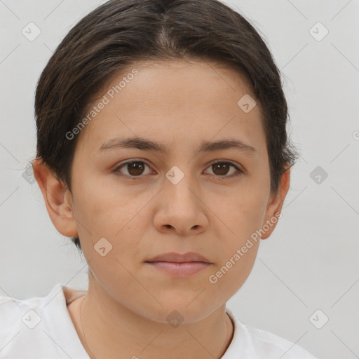 Neutral white young-adult female with short  brown hair and brown eyes