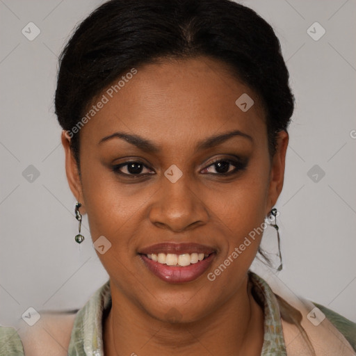 Joyful black young-adult female with short  brown hair and brown eyes