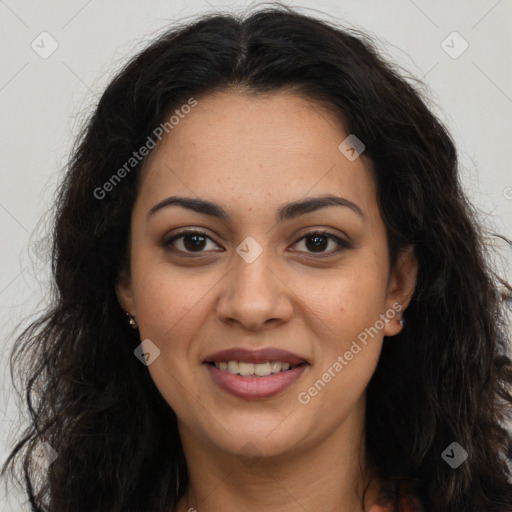 Joyful latino young-adult female with long  brown hair and brown eyes