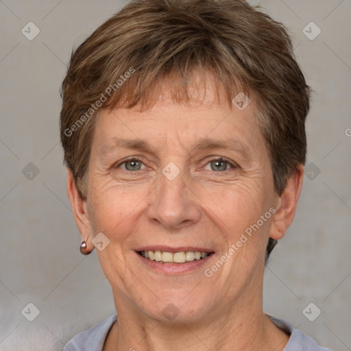 Joyful white adult female with short  brown hair and brown eyes