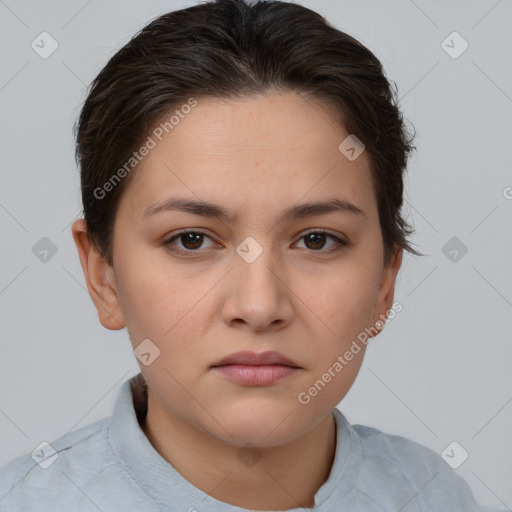 Neutral white young-adult female with short  brown hair and brown eyes