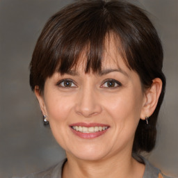 Joyful white adult female with medium  brown hair and brown eyes