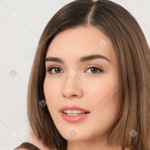 Neutral white young-adult female with long  brown hair and brown eyes