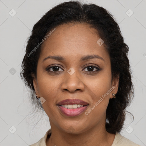 Joyful black young-adult female with medium  brown hair and brown eyes