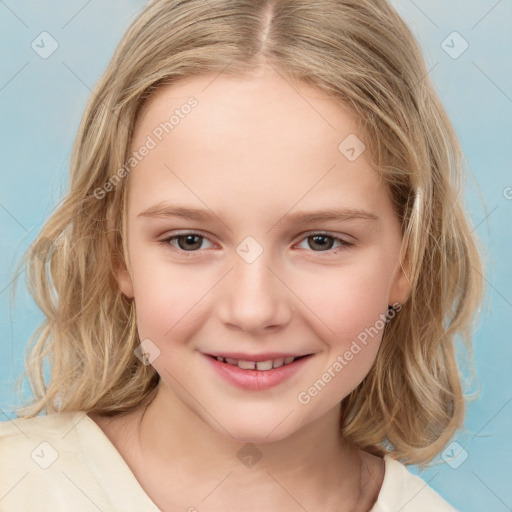 Joyful white child female with medium  brown hair and brown eyes