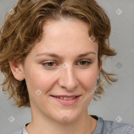 Joyful white young-adult female with medium  brown hair and blue eyes