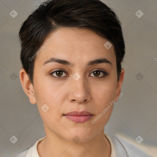 Neutral white young-adult female with short  brown hair and brown eyes