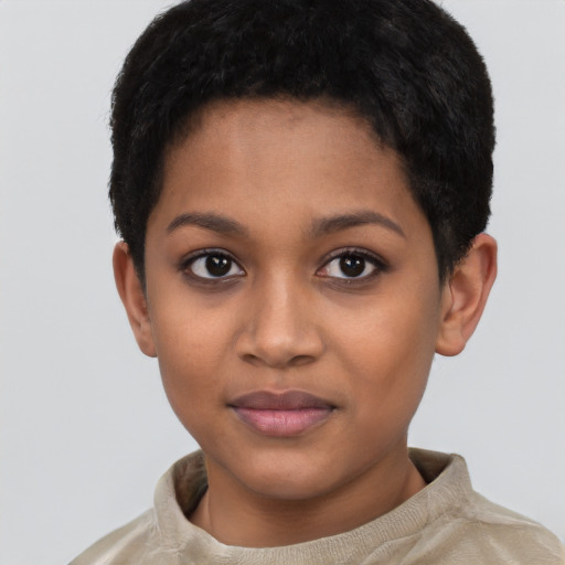 Joyful latino young-adult female with short  black hair and brown eyes