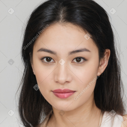 Neutral asian young-adult female with medium  brown hair and brown eyes