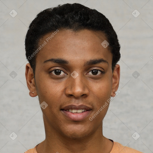 Joyful black young-adult male with short  black hair and brown eyes