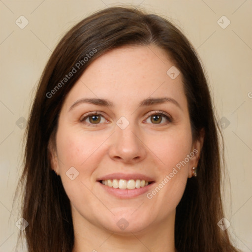 Joyful white young-adult female with long  brown hair and grey eyes