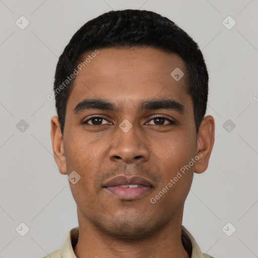 Neutral latino young-adult male with short  black hair and brown eyes