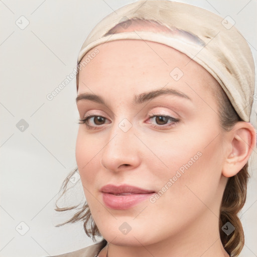 Neutral white young-adult female with medium  brown hair and blue eyes