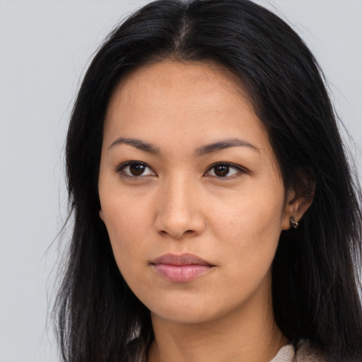 Neutral asian young-adult female with long  brown hair and brown eyes
