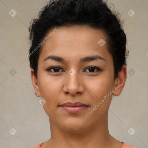 Joyful latino young-adult female with short  brown hair and brown eyes