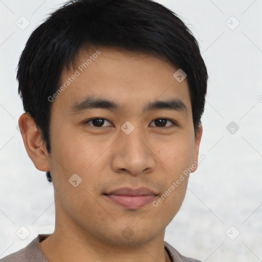 Neutral asian young-adult male with short  brown hair and brown eyes