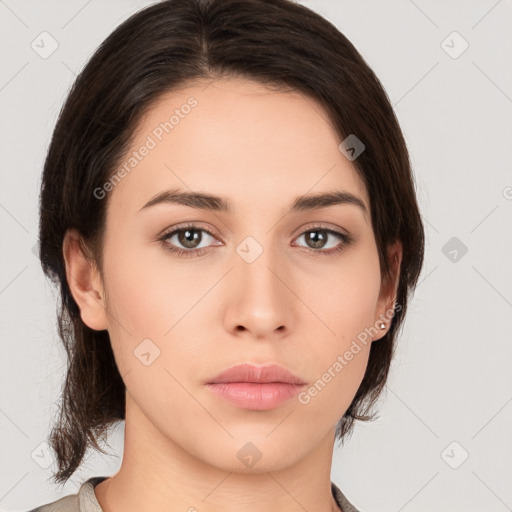 Neutral white young-adult female with medium  brown hair and brown eyes