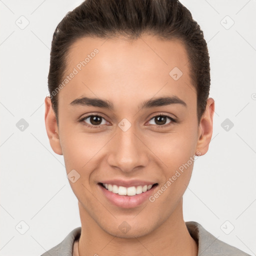 Joyful white young-adult female with short  brown hair and brown eyes