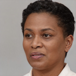 Joyful black adult female with short  black hair and brown eyes