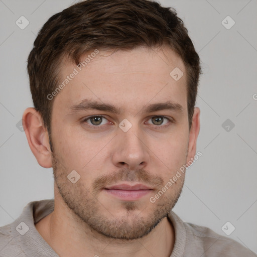 Neutral white young-adult male with short  brown hair and grey eyes