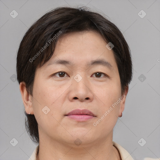 Neutral asian adult male with short  brown hair and brown eyes