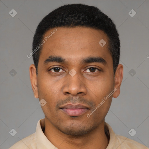 Neutral latino young-adult male with short  black hair and brown eyes