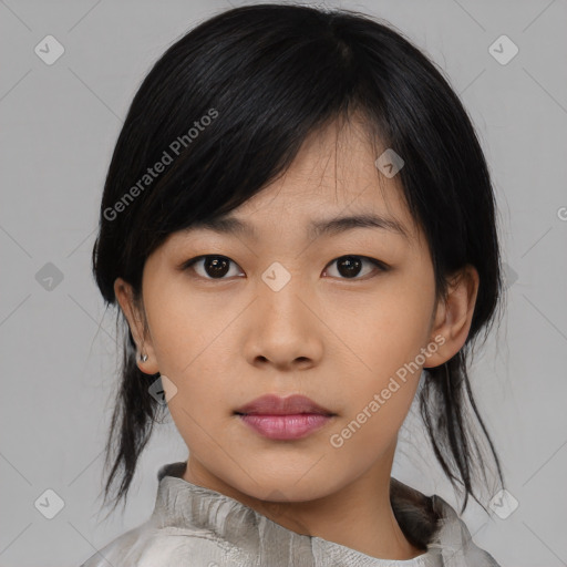 Neutral asian young-adult female with medium  black hair and brown eyes