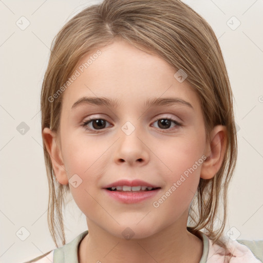 Joyful white child female with medium  brown hair and grey eyes