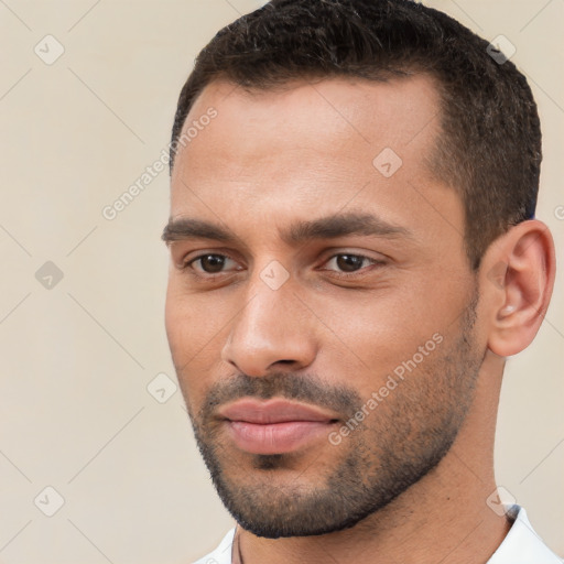 Neutral white young-adult male with short  brown hair and brown eyes