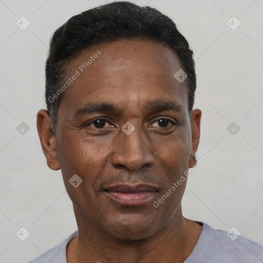 Neutral black adult male with short  black hair and brown eyes