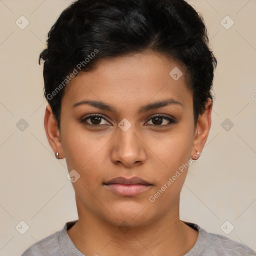 Neutral latino young-adult female with short  brown hair and brown eyes