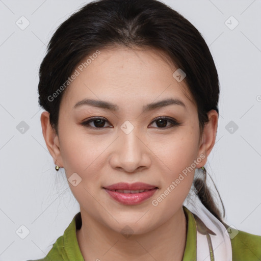 Joyful white young-adult female with medium  brown hair and brown eyes