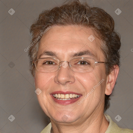 Joyful white middle-aged male with short  brown hair and brown eyes