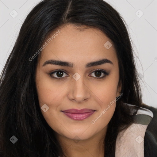 Joyful asian young-adult female with long  brown hair and brown eyes