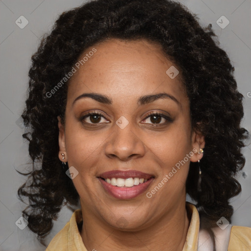 Joyful black young-adult female with medium  brown hair and brown eyes