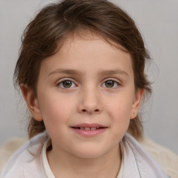 Joyful white child female with medium  brown hair and brown eyes