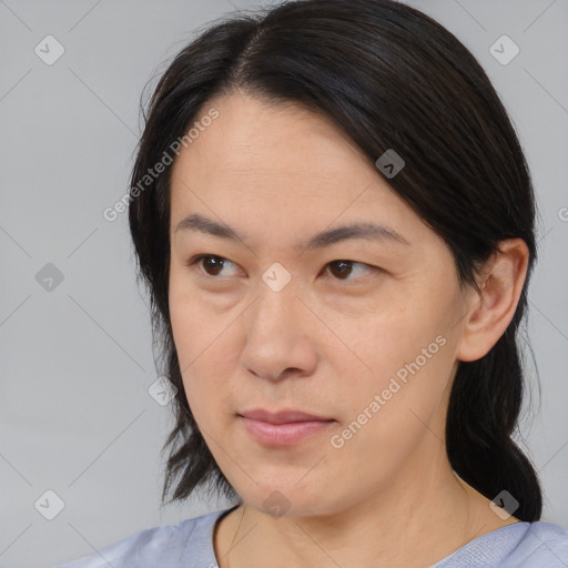 Neutral asian young-adult female with medium  brown hair and brown eyes