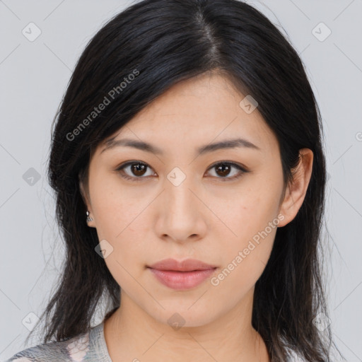 Neutral asian young-adult female with medium  brown hair and brown eyes