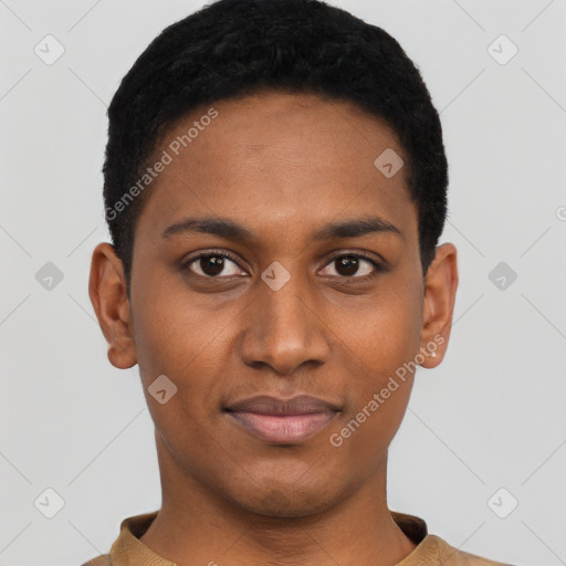 Joyful black young-adult male with short  black hair and brown eyes