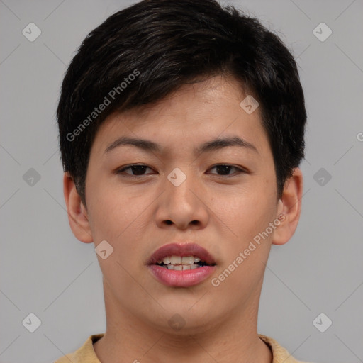 Joyful asian young-adult female with short  brown hair and brown eyes