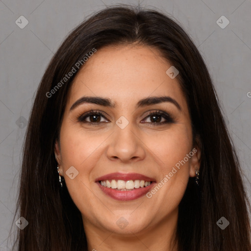 Joyful white young-adult female with long  brown hair and brown eyes