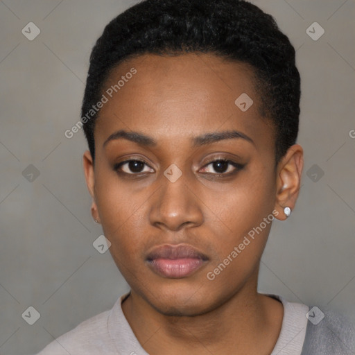 Neutral black young-adult female with short  black hair and brown eyes