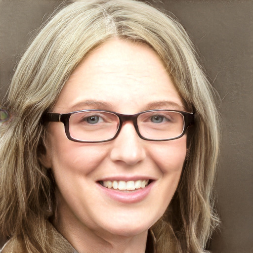 Joyful white adult female with long  brown hair and blue eyes