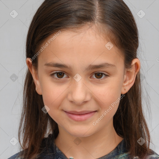 Joyful white child female with medium  brown hair and brown eyes