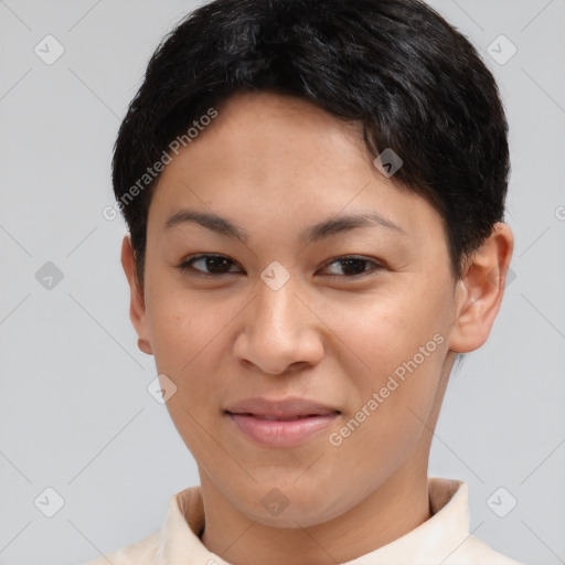 Joyful asian young-adult female with short  brown hair and brown eyes